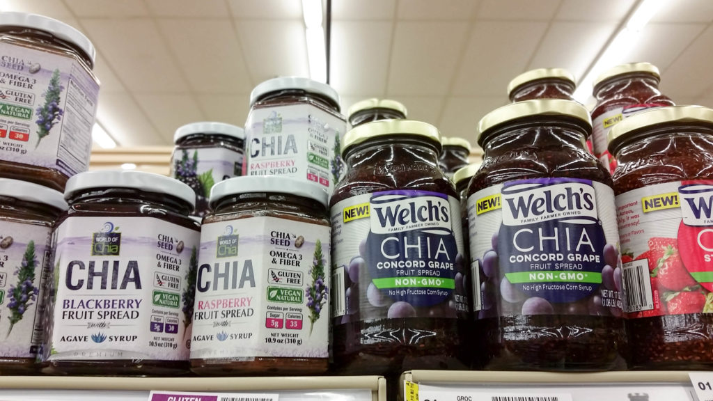 chia seed trend jam on grocery store shelf